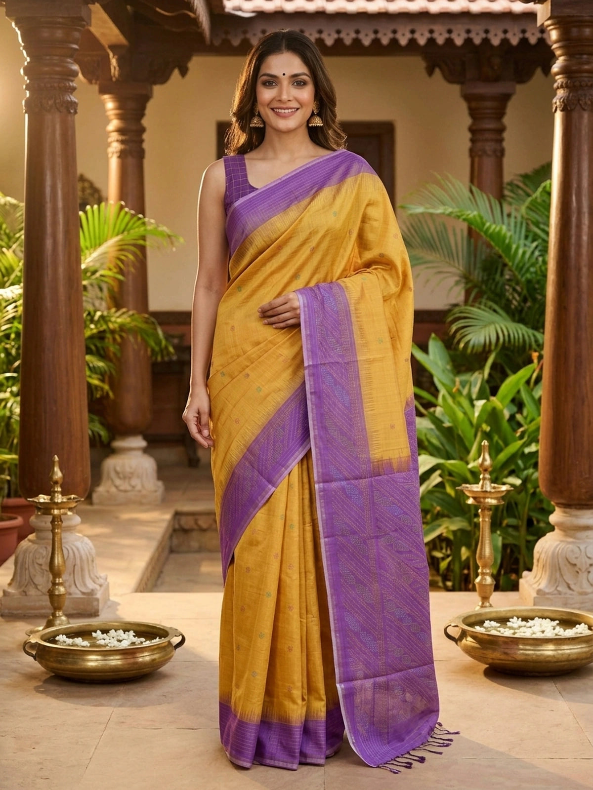 Mustard yellow Dola silk saree with purple contrast border, zari checks and woven pallu