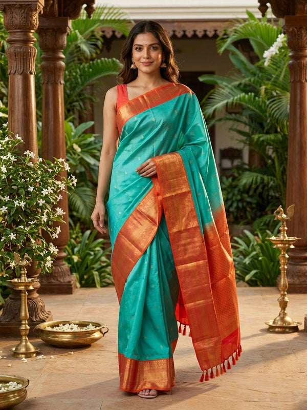 Teal pure Kanchipuram silk saree with contrast orange-red gold zari border and woven pallu