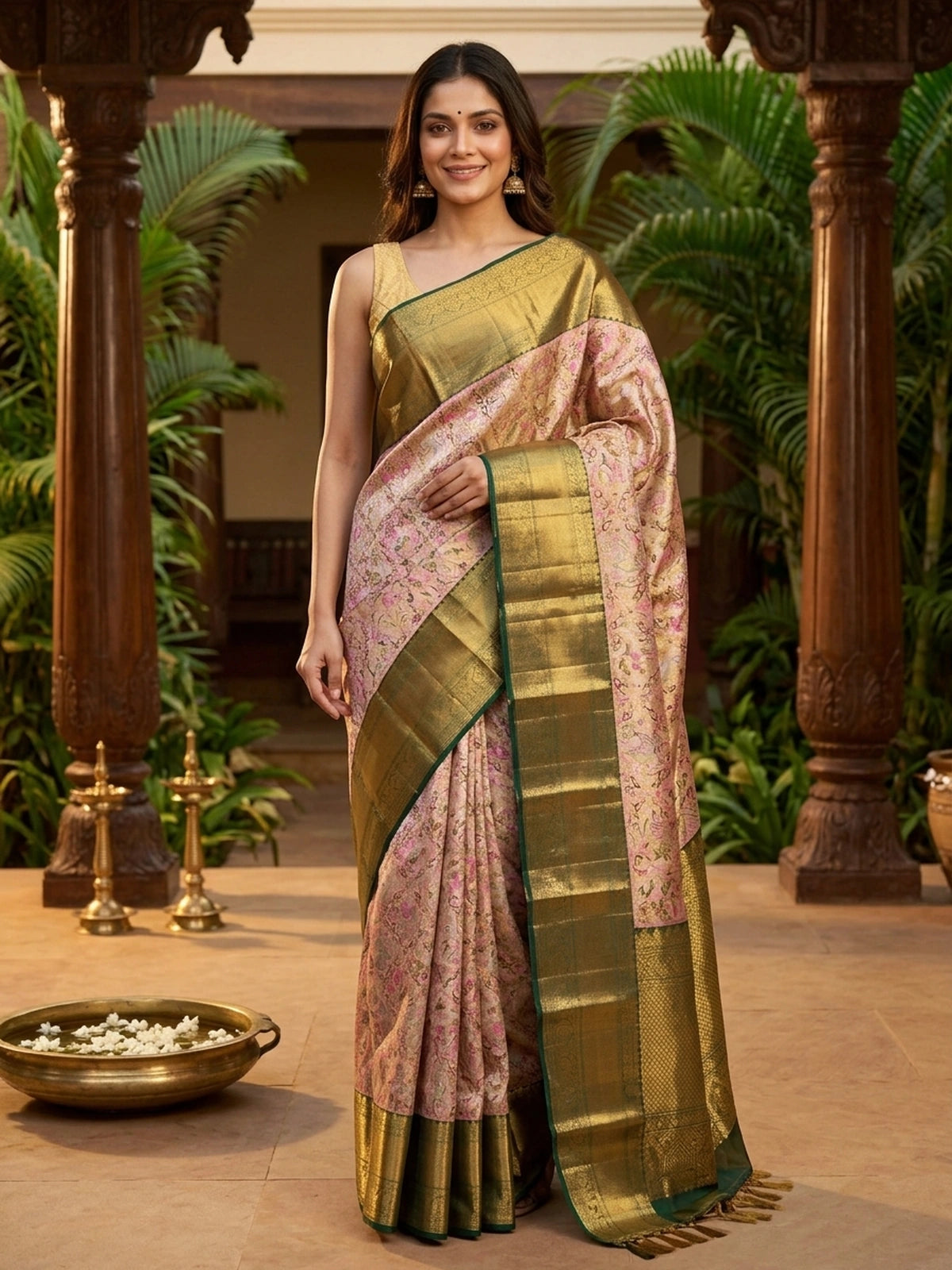 Pink and green Pure Kanchipuram silk saree with gold zari brocade motifs and contrast green border