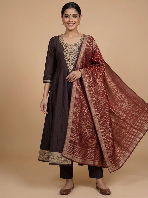 Dark Brown Zari Embroidered Anarkali Kurti Set with Maroon Bandhani Dupatta