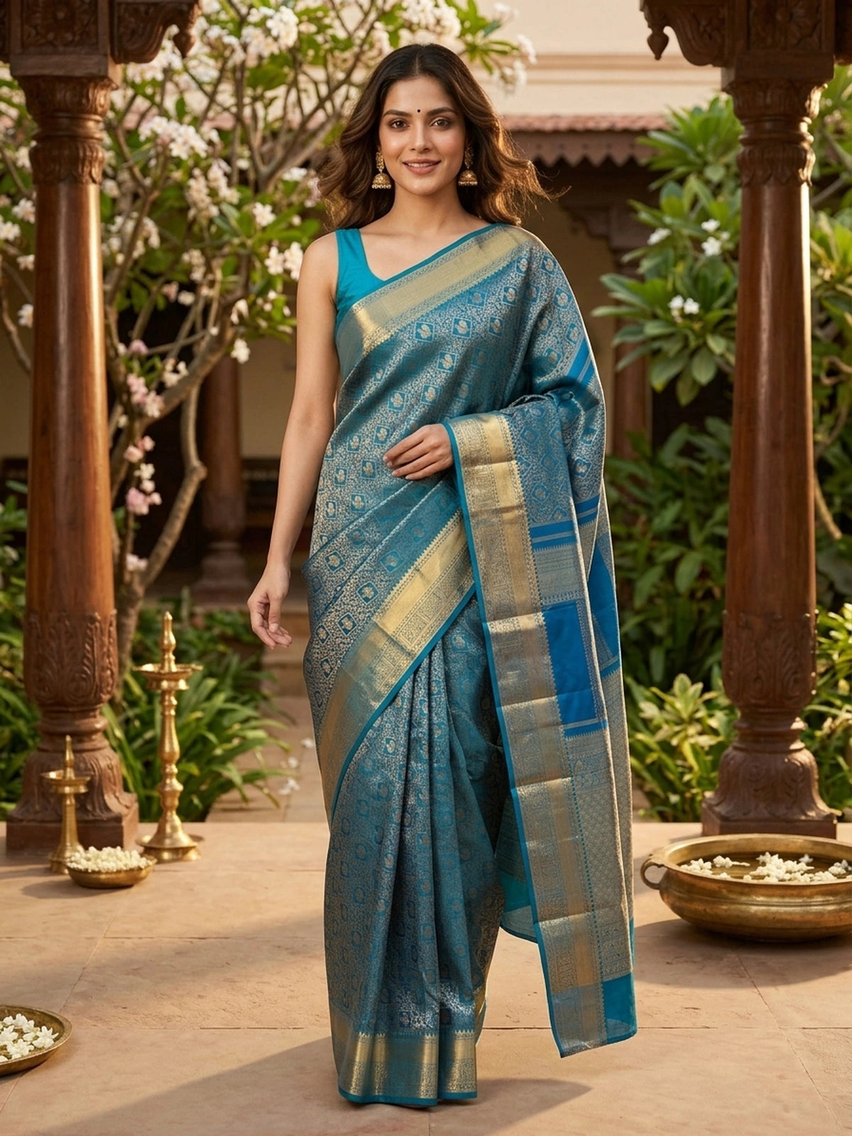 Peacock blue pure Kanchipuram silk saree with all-over gold zari brocade, peacock motifs and broad contrast gold zari border