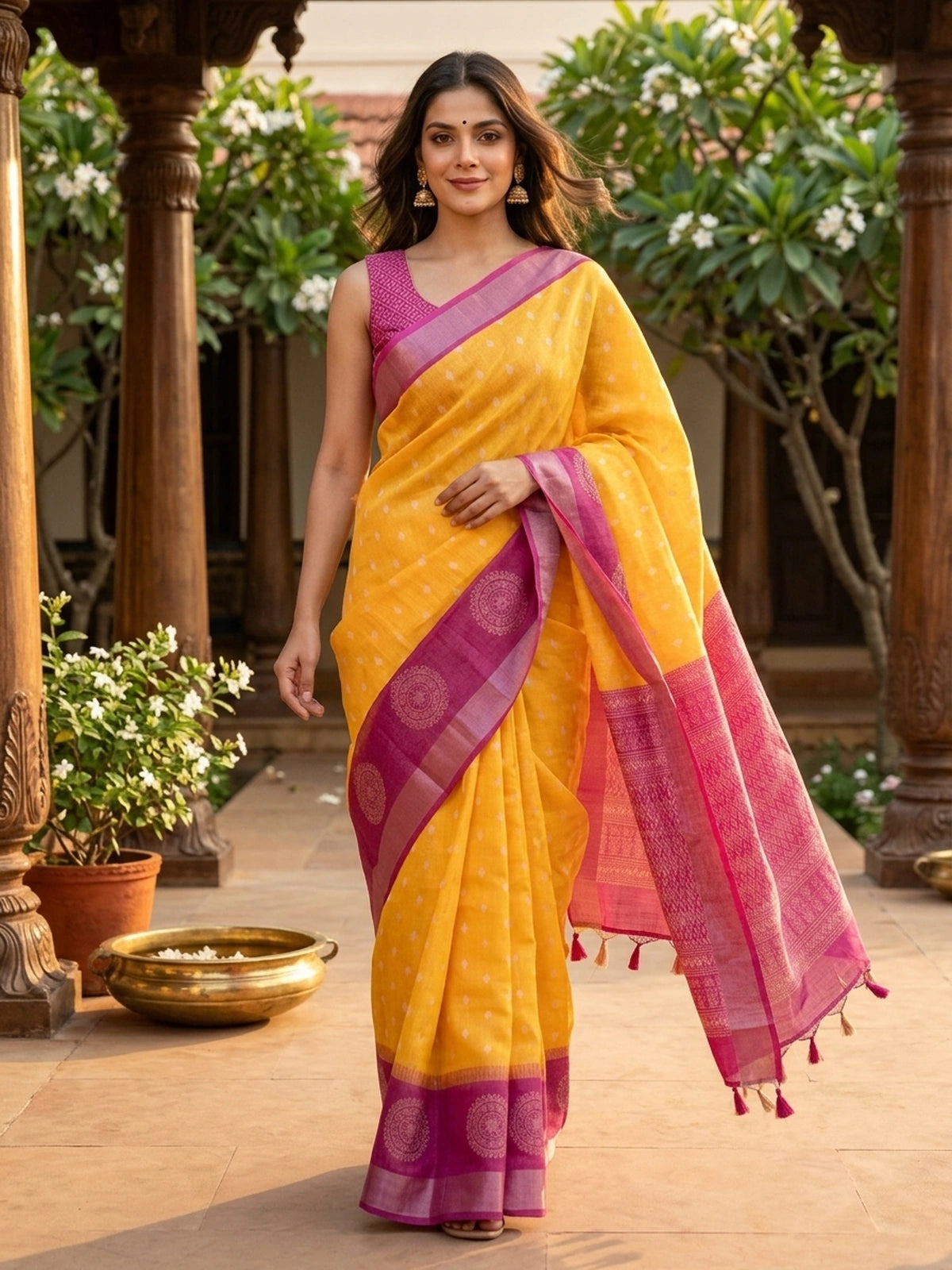 Yellow linen cotton saree with white diamond buttas and contrast pink border and pallu
