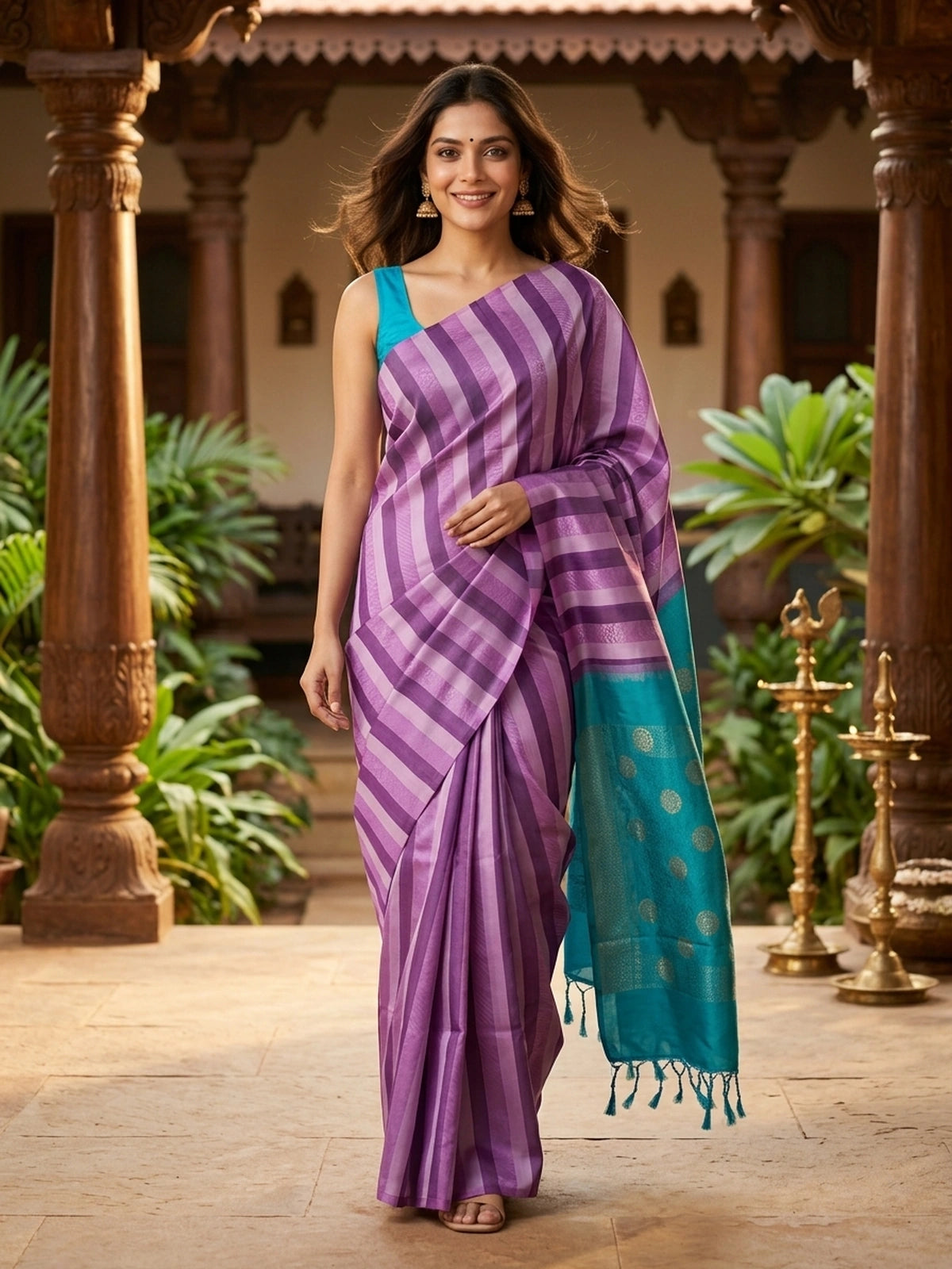 Purple striped soft silk saree with contrast teal pallu, gold zari buttis and tasselled edge