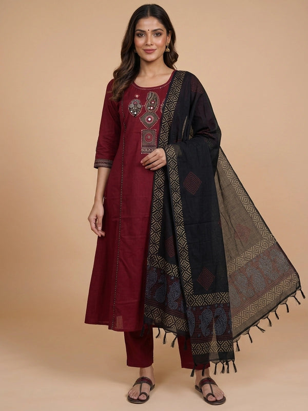 Maroon cotton Ajrakh mirror work Anarkali kurti set with black printed dupatta