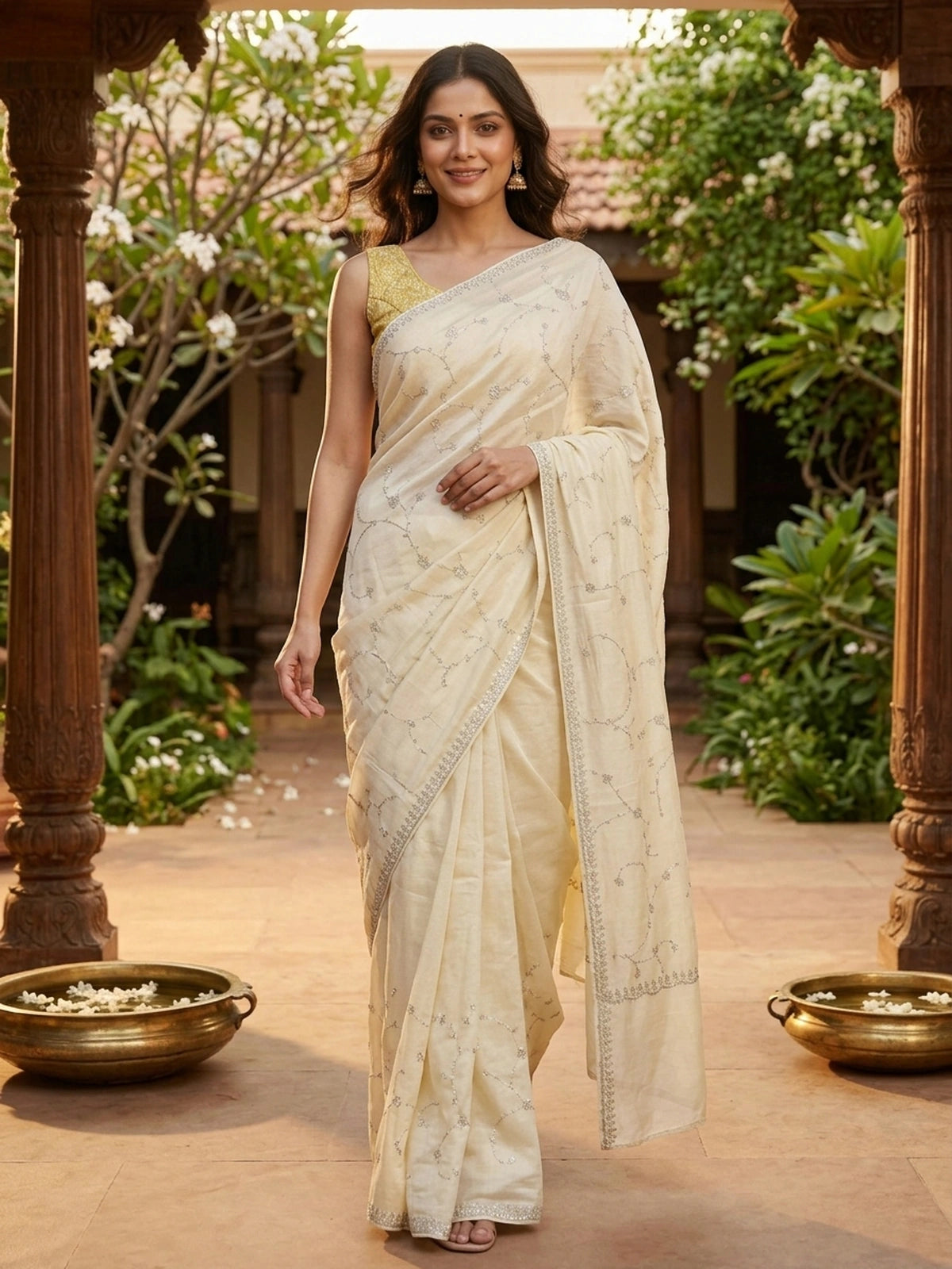 Cream designer saree with silver sequin floral embroidery and scalloped border