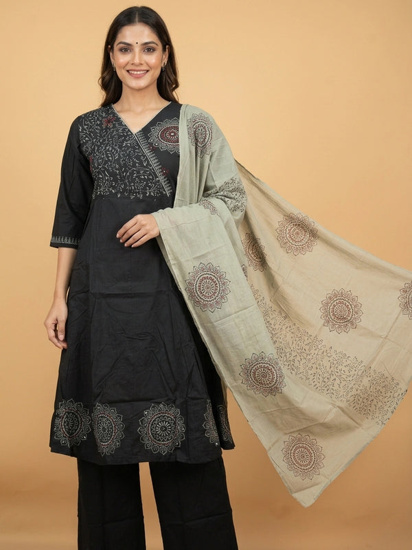 Black cotton block print mandala Anarkali kurti set with sage green dupatta