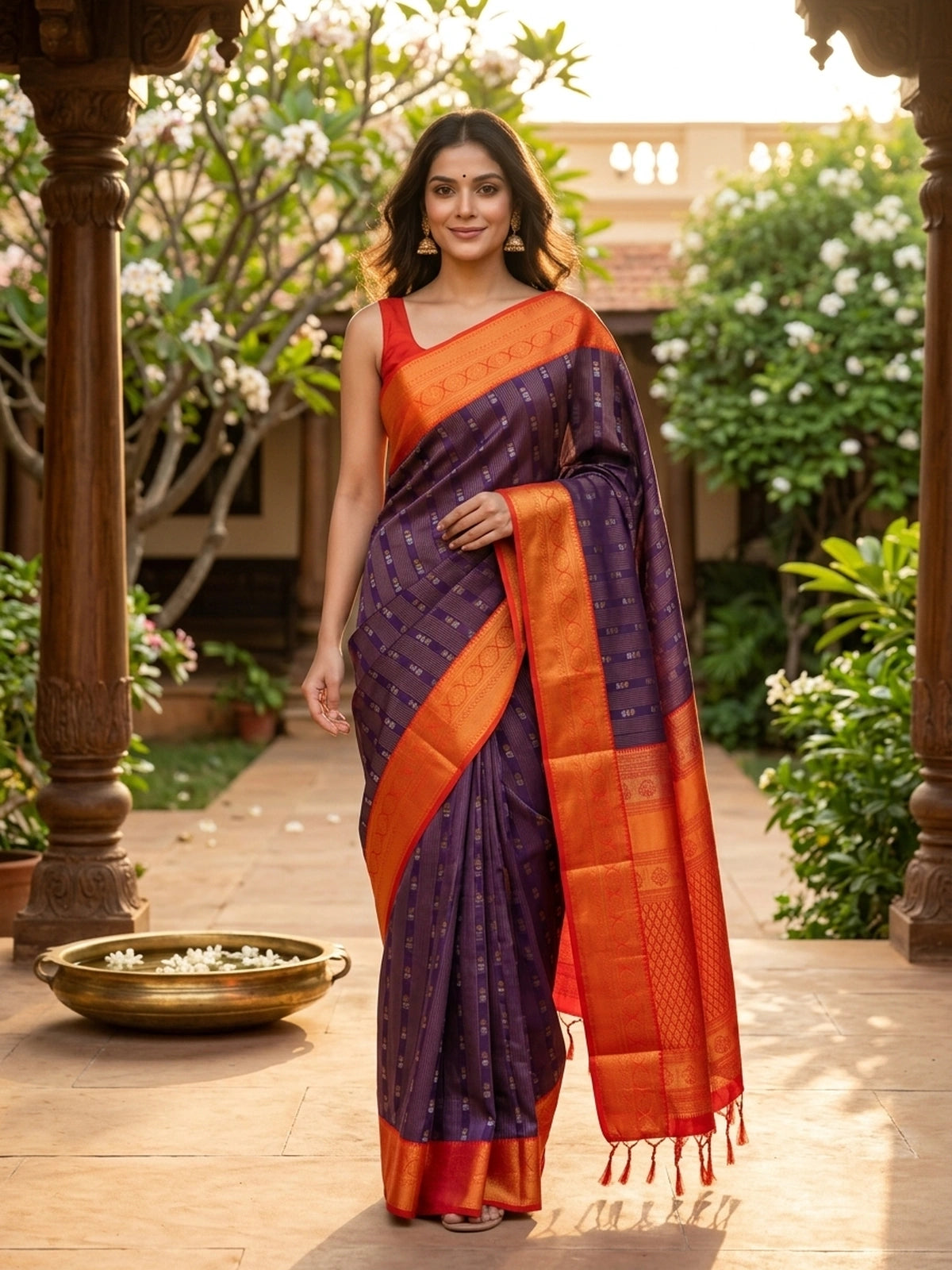 Purple Kanchipuram fancy silk saree with contrast orange gold zari border and brocade pallu
