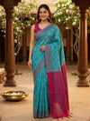 Teal Blue and Magenta Pink Silk Cotton Saree