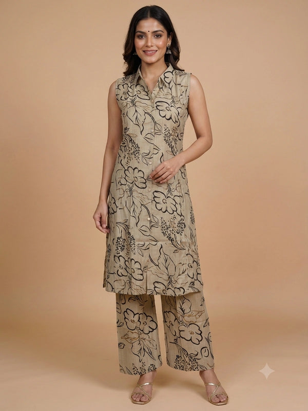 Beige floral printed cotton sleeveless shirt-style kurti with matching palazzo co-ord set