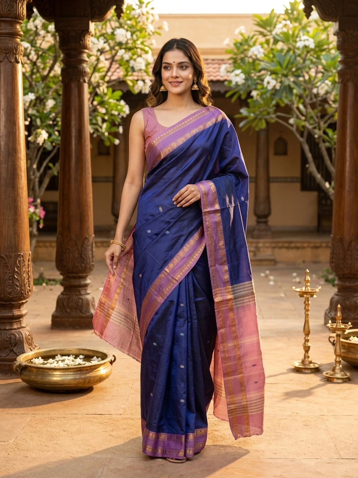 Navy Blue and Mauve Pink Banana Silk Sarees