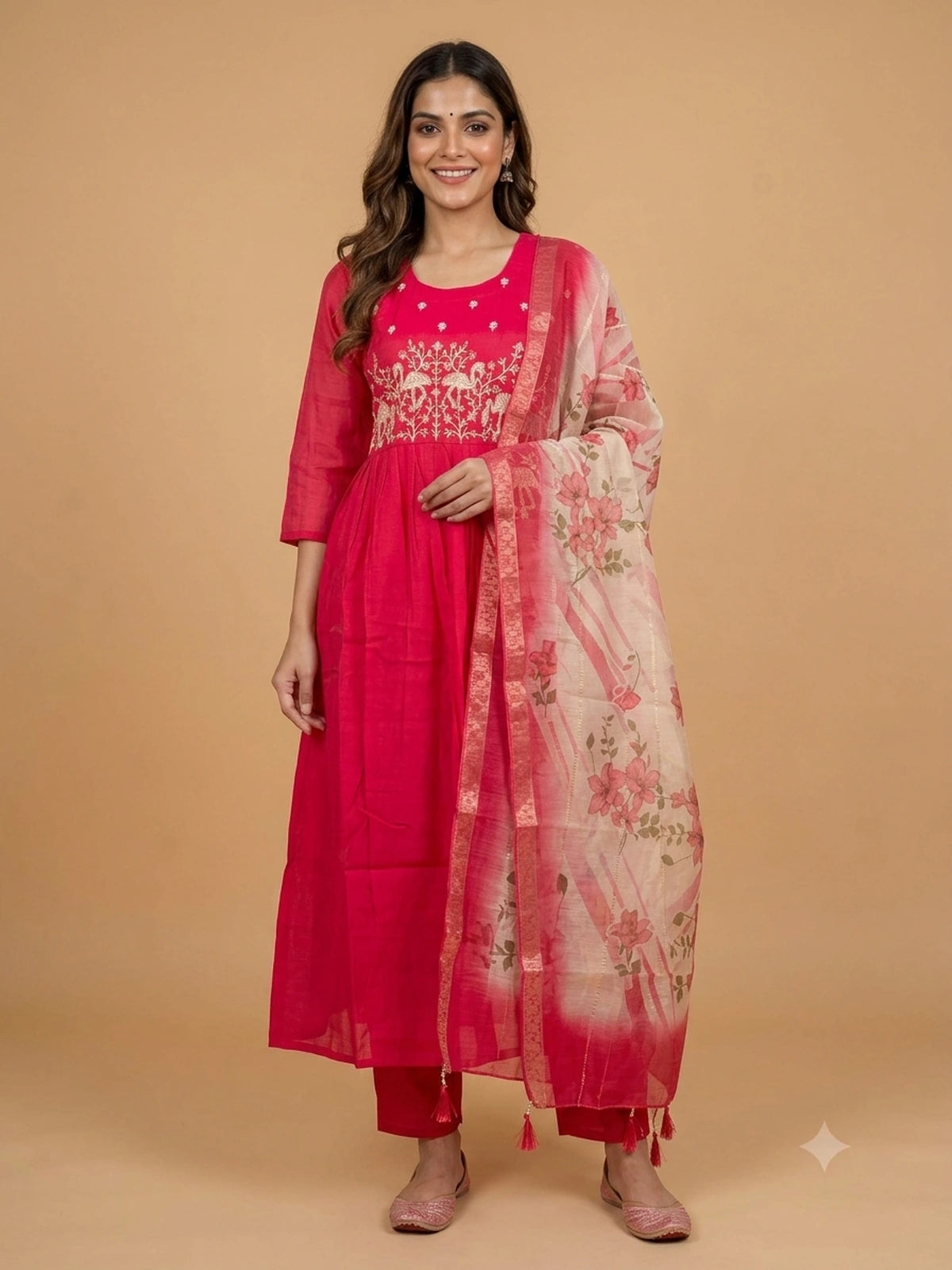 Rani Pink flamingo embroidered Chanderi silk Anarkali kurti set with floral printed dupatta