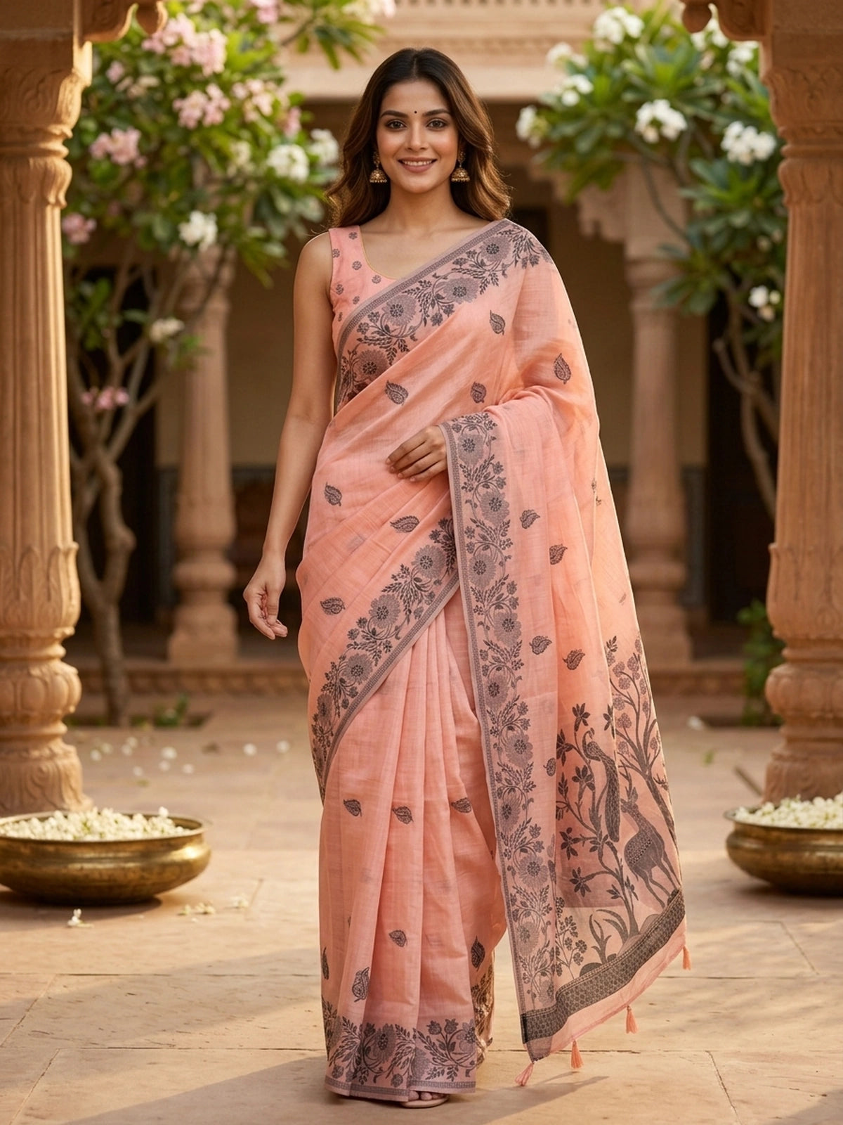 Peach linen cotton saree with grey floral border, paisley buta body and figurative peacock-deer pallu