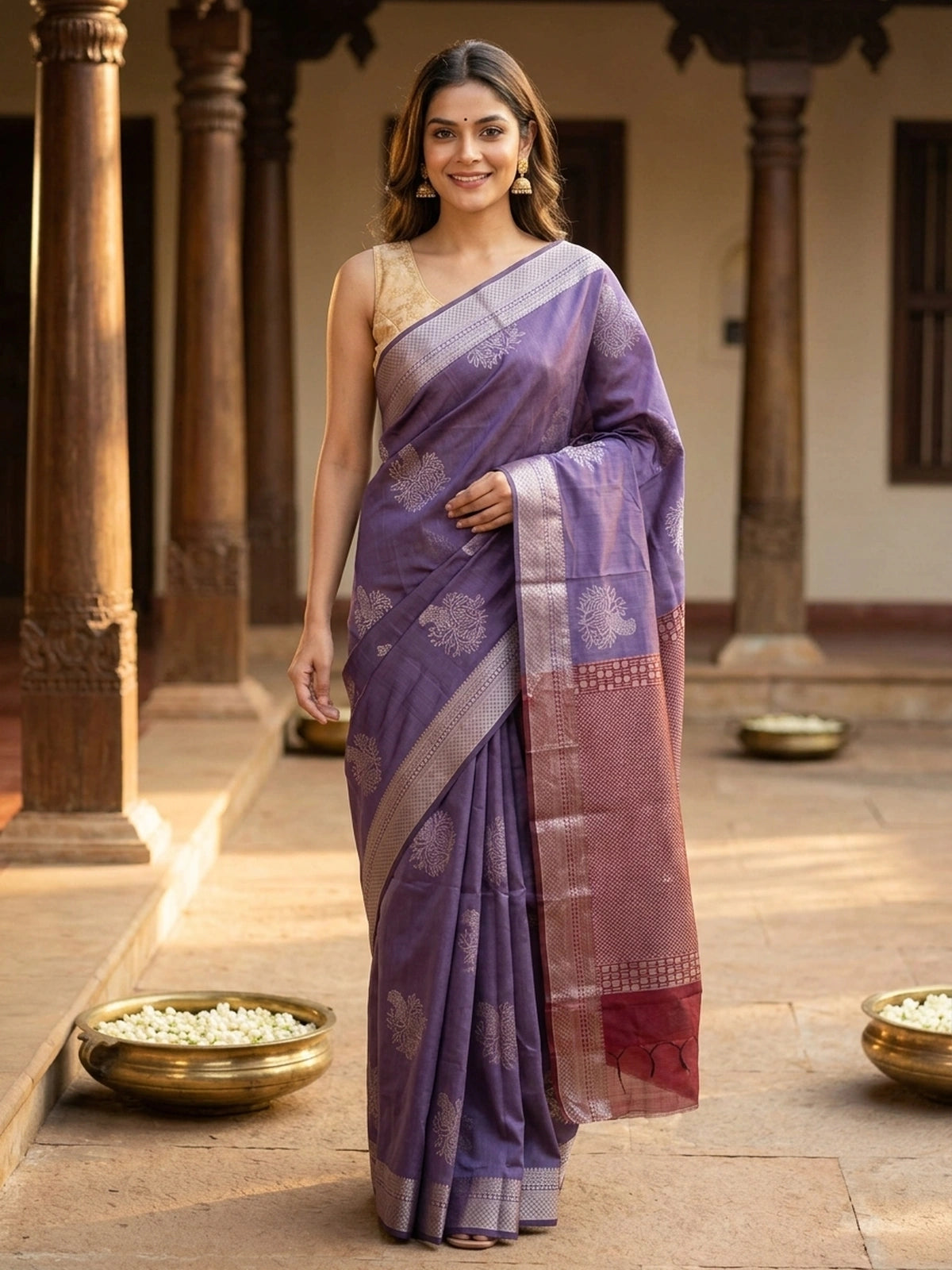 Dusty purple silk cotton saree with silver zari buttas and contrast maroon zari border and pallu