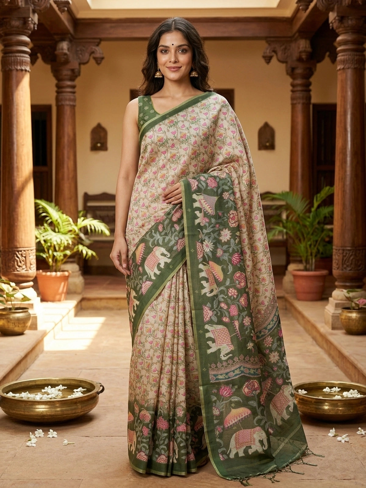 Cream and Olive Green Semi Tussar Saree
