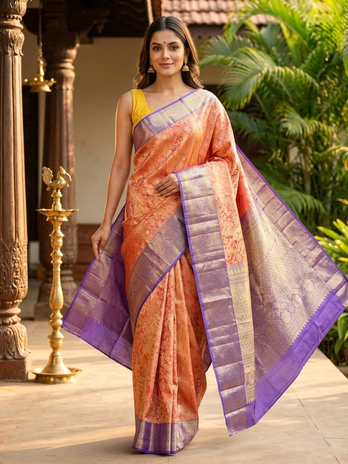 Peach orange pure Kanchipuram silk saree with floral gold zari body and contrast purple border