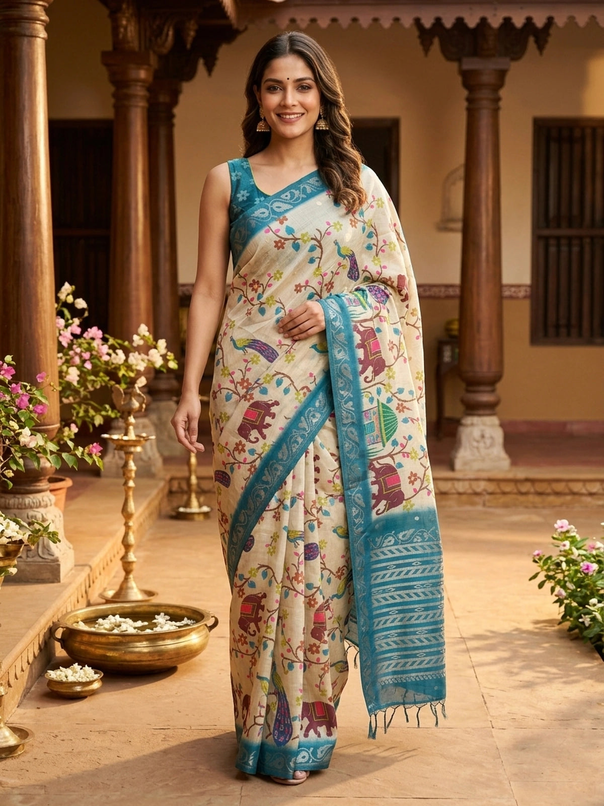Cream and Teal Blue Linen Cotton Saree