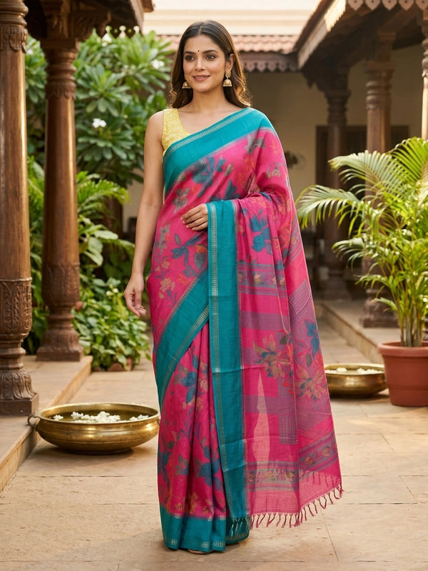 Pink Dola silk saree with multicolour floral print and contrast teal blue zari border