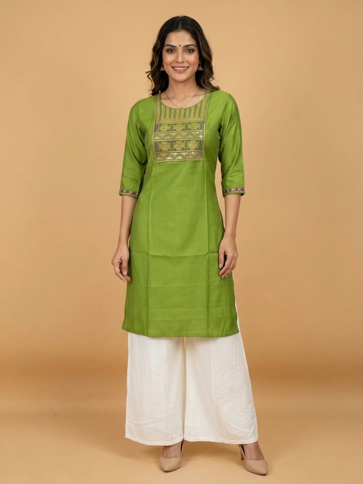 Green cotton silk straight cut kurti top with purple and gold embroidered yoke