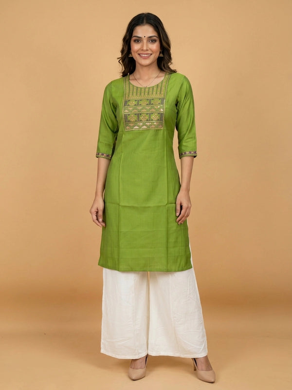 Green cotton silk straight cut kurti top with purple and gold embroidered yoke