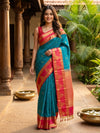 Peacock Blue and Pink Pure Kanchipuram Silk Saree
