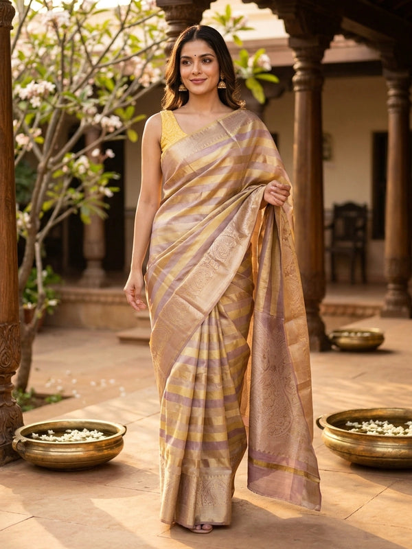 Gold and lilac pure Kanchipuram silk saree with diagonal zari stripes and floral zari border