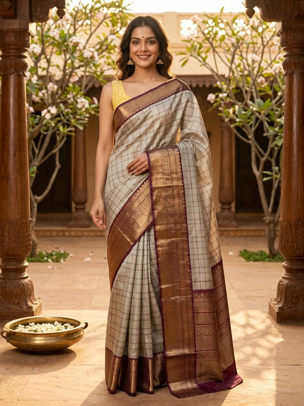 Sage grey checked Kanchi semi silk saree with contrast wine border and gold zari pallu
