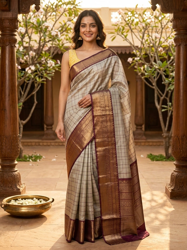 Sage grey checked Kanchi semi silk saree with contrast wine border and gold zari pallu