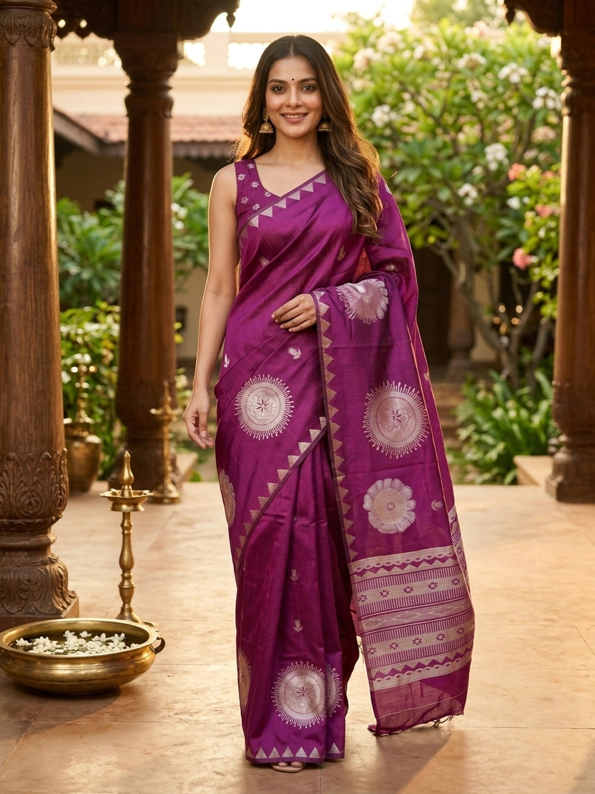 Magenta semi tussar saree with silver floral medallions and temple triangle border