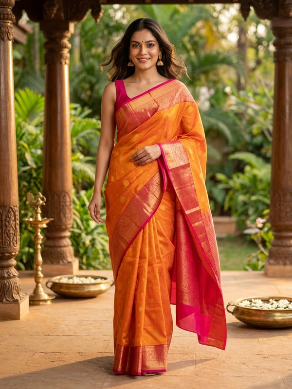 Orange and pink pure Kanchipuram silk saree with gold zari border and zari pallu