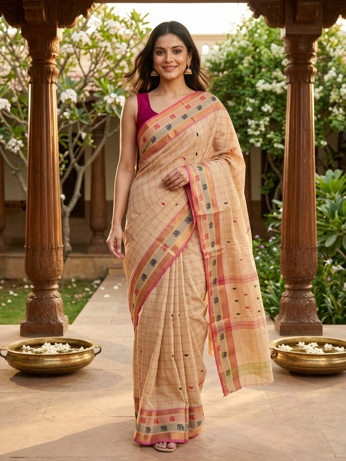 Beige and pink checked Chettinad cotton saree with gold zari border and paisley buttas