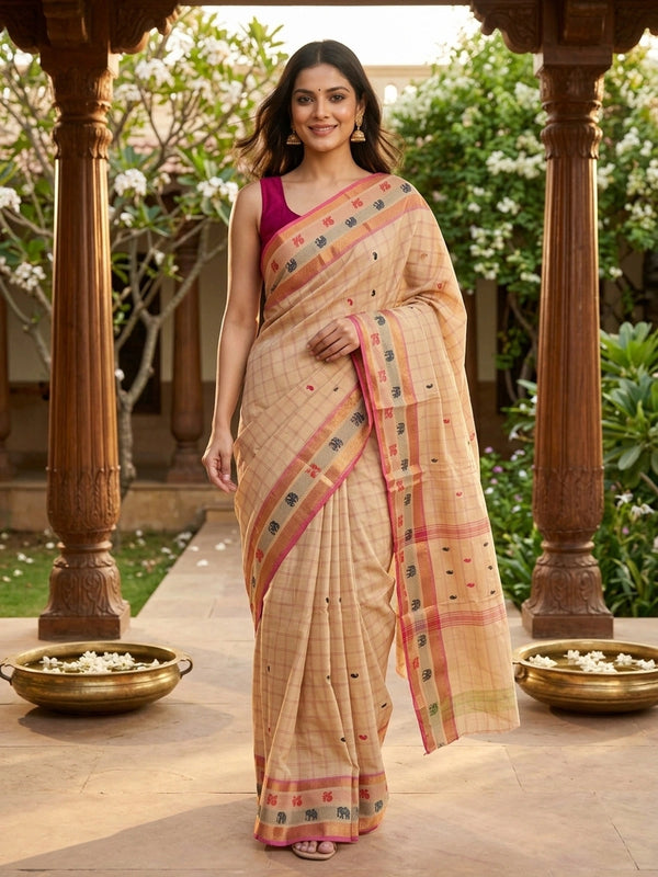 Beige and pink checked Chettinad cotton saree with gold zari border and paisley buttas