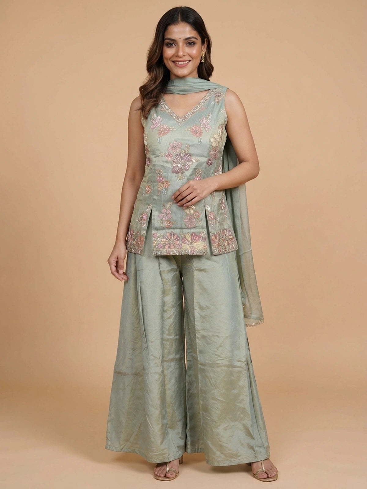 Sage green floral embroidered tissue silk straight cut kurti set with flared palazzo and dupatta