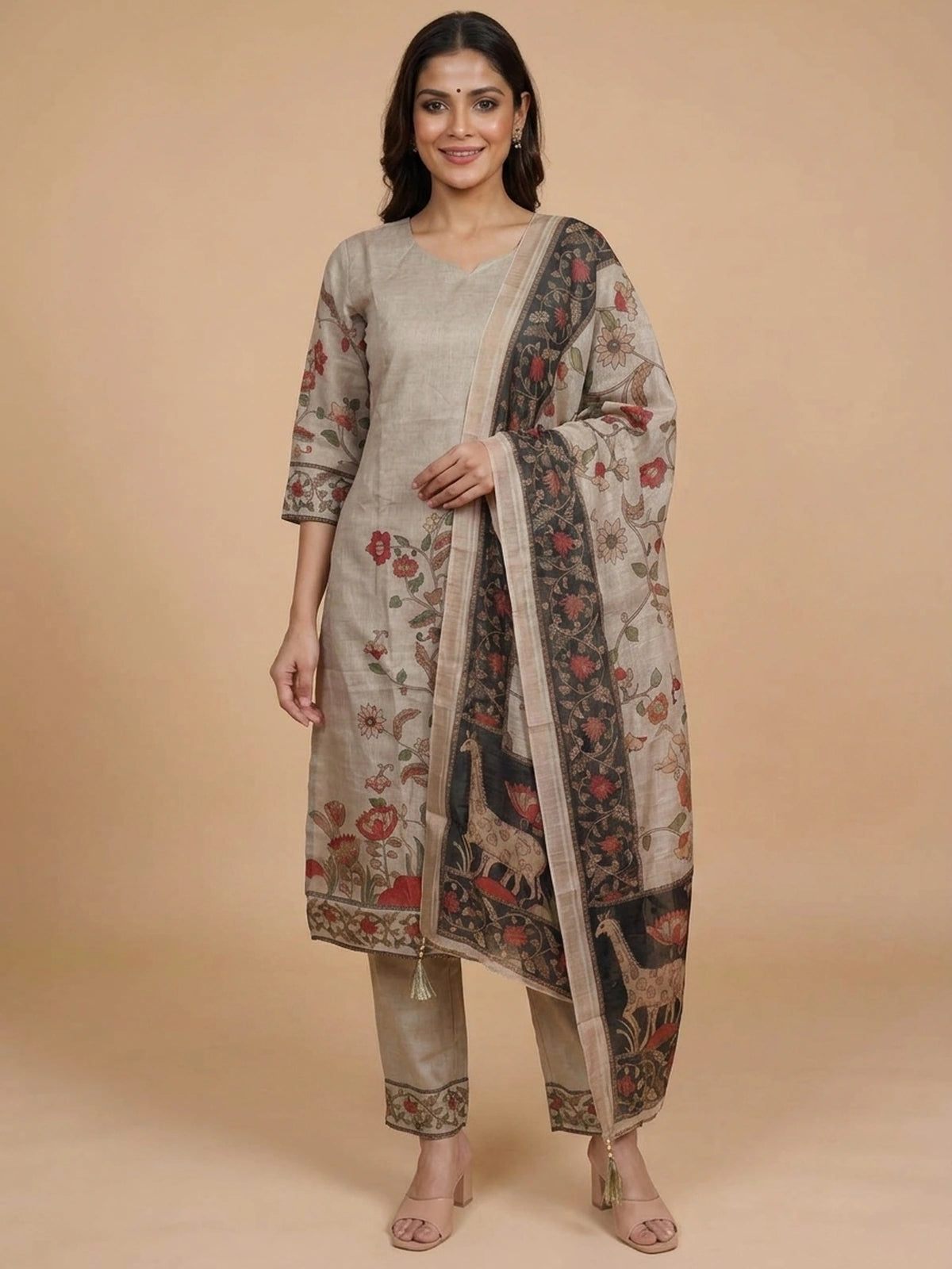 Beige Kalamkari floral cotton straight cut kurti set with black printed dupatta and pants