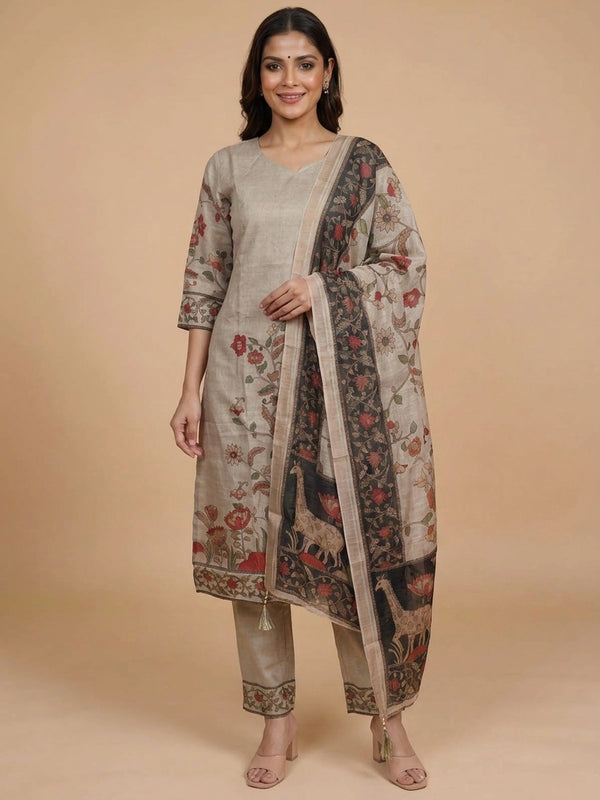 Beige Kalamkari floral cotton straight cut kurti set with black printed dupatta and pants