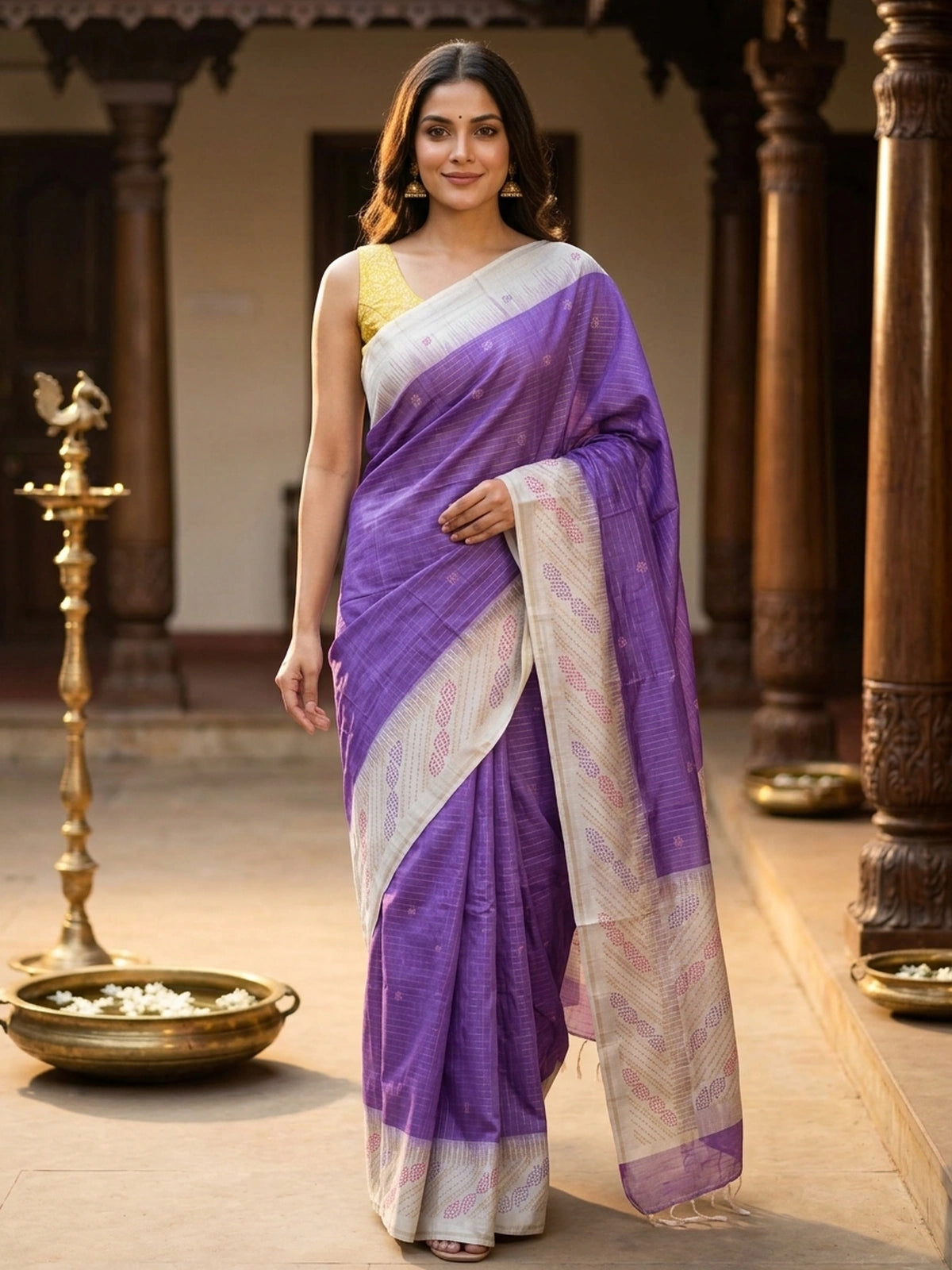 Purple Dola silk saree with contrast cream pallu, bandhani-style butta motifs and zari check border