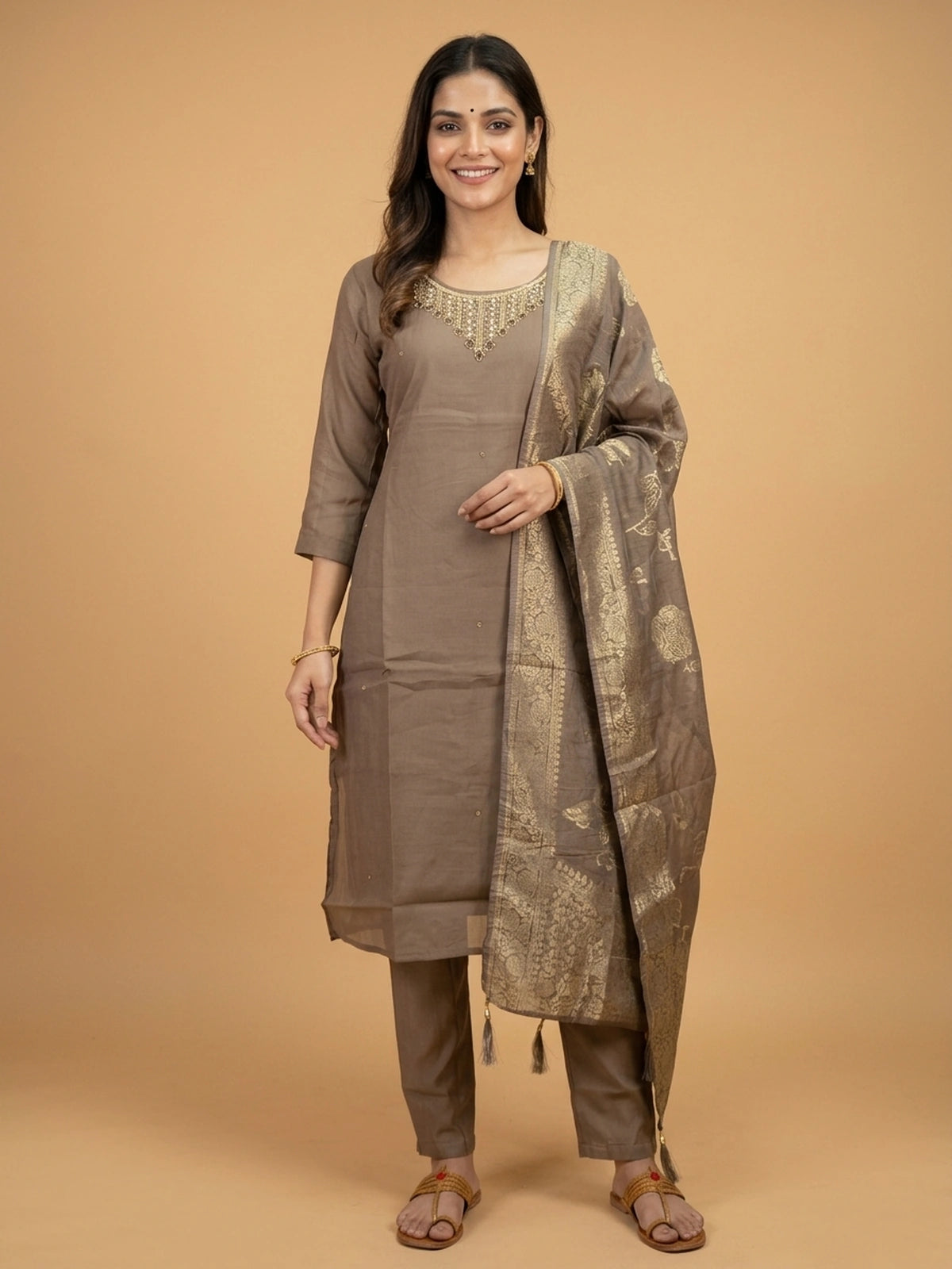 Taupe Brown embellished neckline cotton silk straight cut kurti set with zari woven dupatta