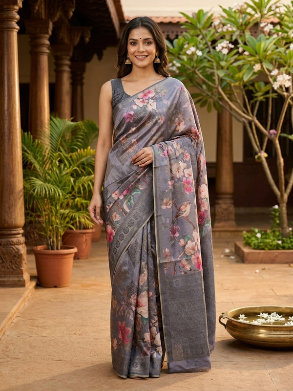 Grey semi tussar saree with floral and bird digital print and silver zari border