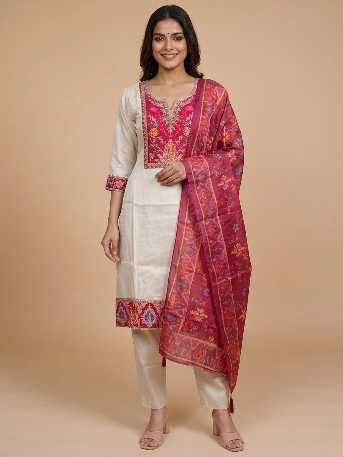 Cream art silk straight cut kurti set with pink embroidered yoke and maroon floral printed dupatta