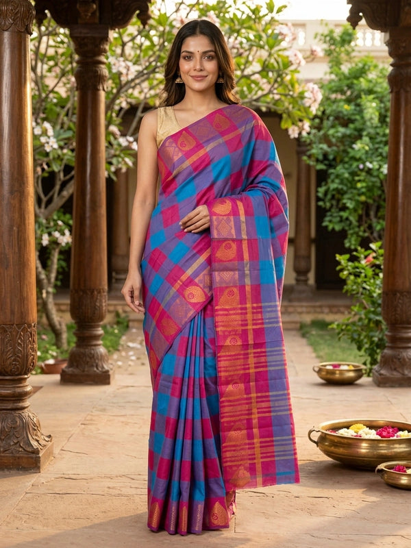 Pink and blue checked Chettinad cotton saree with gold zari border and paisley motif pallu