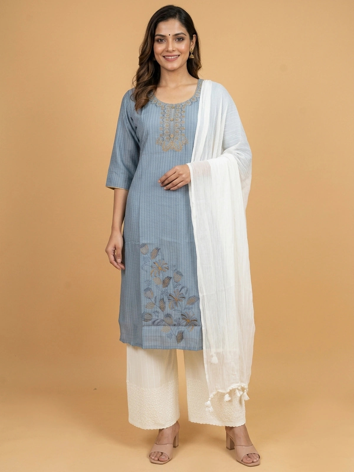Grey Blue Cotton Zari Embroidered Anarkali Kurti Top with gold floral embroidery