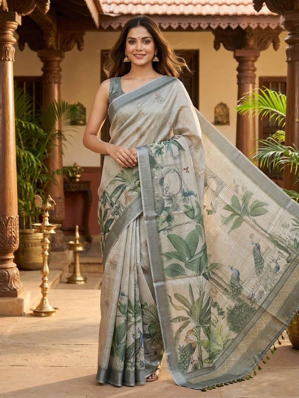 Grey and Green Semi Tussar Saree
