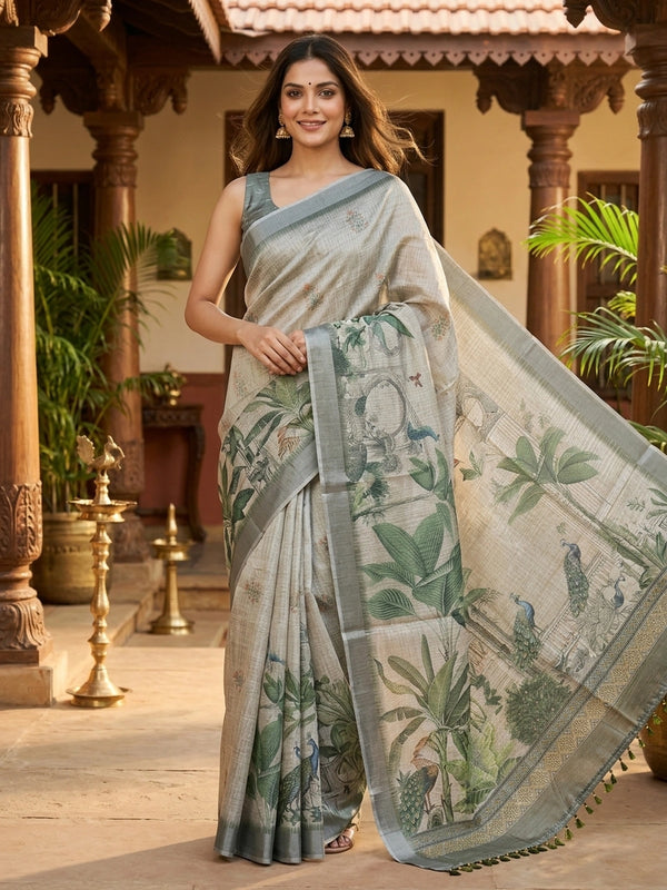 Grey and green semi tussar saree with floral buttas, silver-grey zari border and peacock scenic pallu