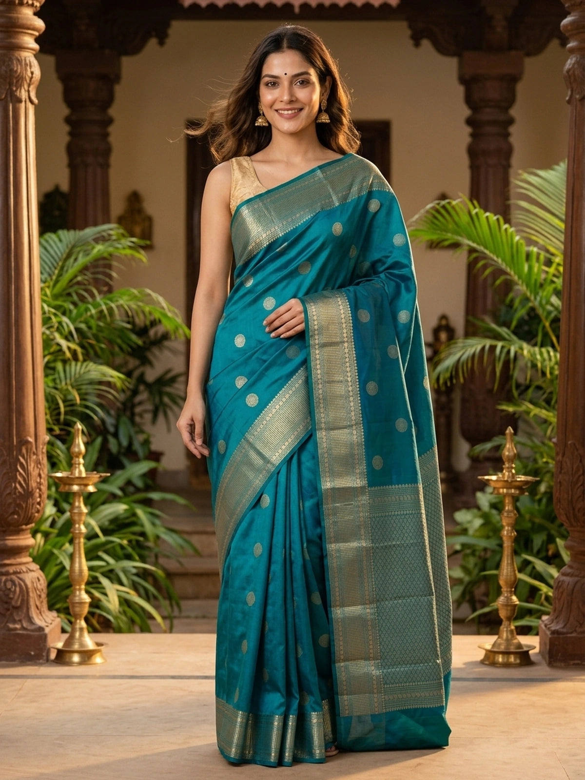 Peacock Teal and Gold Pure Kanchipuram Silk Saree