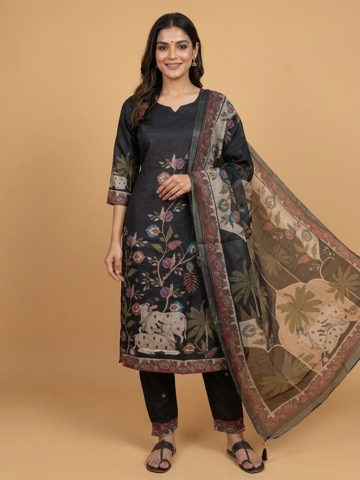 Black cotton silk Pichwai printed straight cut kurti set with matching pants and Kalamkari dupatta