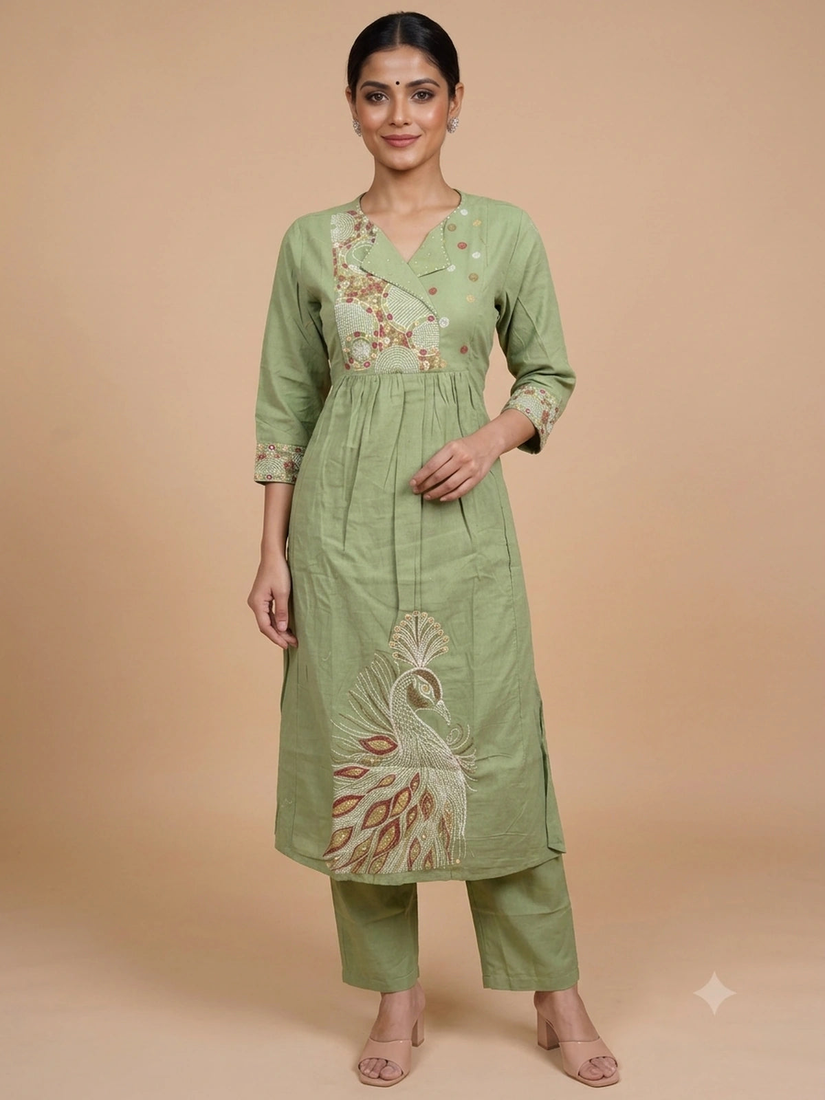Sage green cotton straight cut kurti set with Kantha peacock embroidery and pink floral dupatta