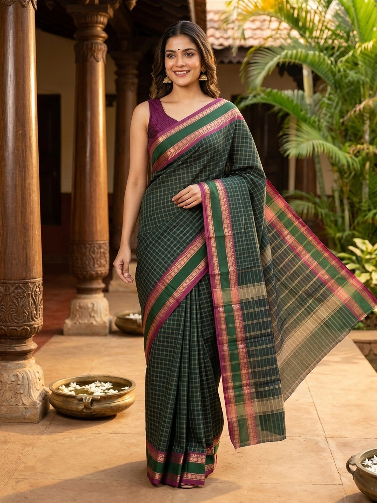 Dark green Chettinad cotton saree with gold checks and contrast magenta zari border