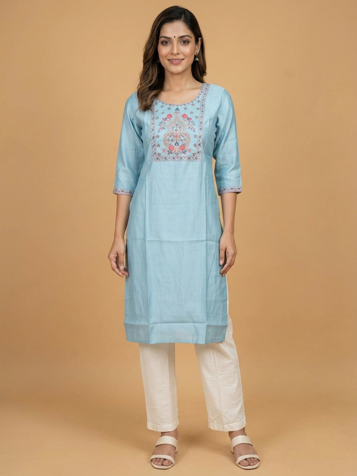 Sky Blue floral embroidered cotton silk straight cut kurti top