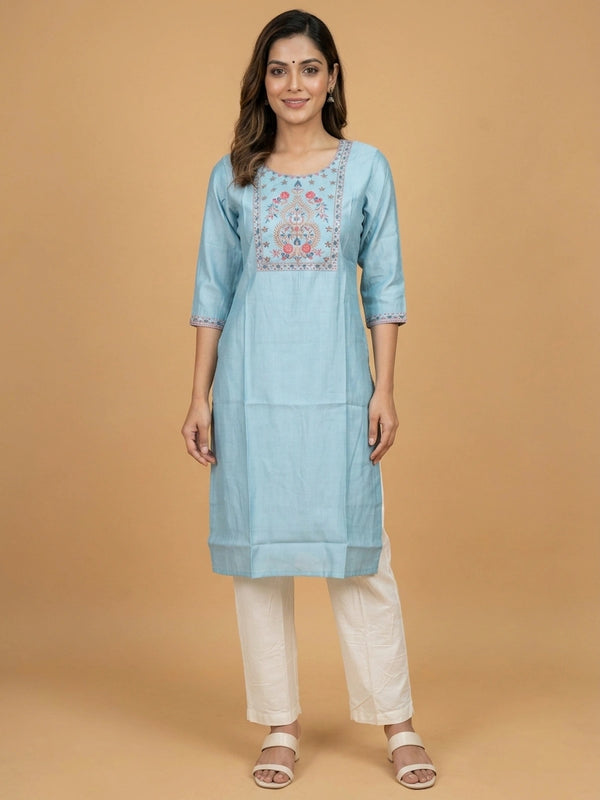 Sky Blue floral embroidered cotton silk straight cut kurti top