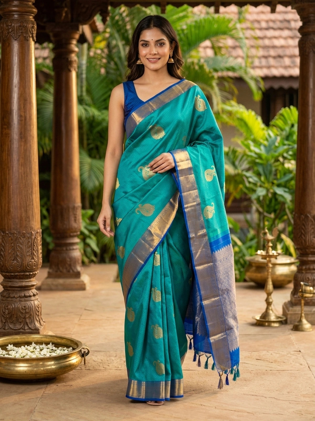 Teal Green and Blue Pure Kanchipuram Silk Saree