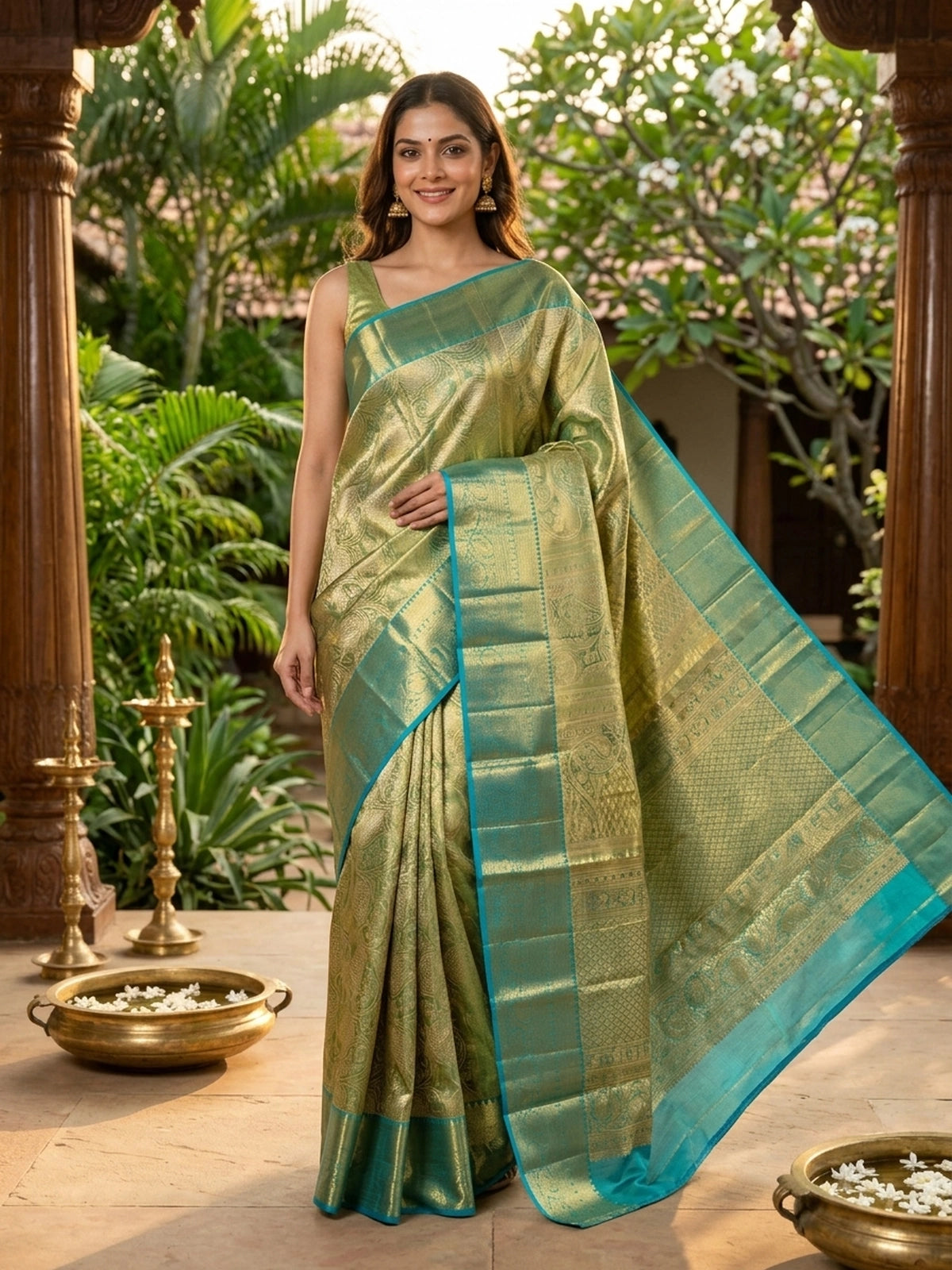 Green and Teal Blue Pure Kanchipuram Silk Saree